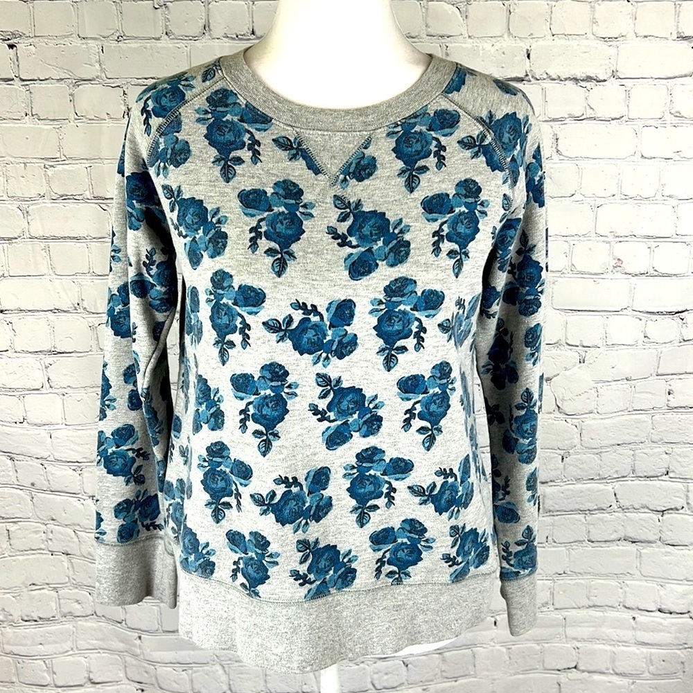 Women's Grey Crewneck Sweatshirt with Teal Floral Print